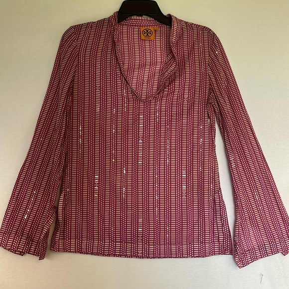 Tory Burch Wild Orchid Pink White Corossol Sequin‎ Stephanie Tunic Top size 4 - Picture 1 of 6